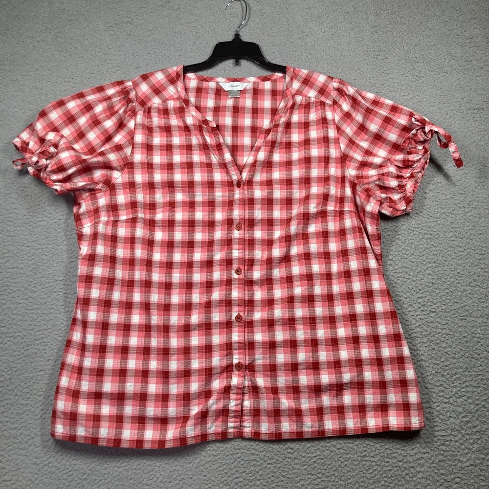 CJ Banks Top Womens Plus‎ 1X Maroon Plaid Button Up Short Sleeve Country Farm